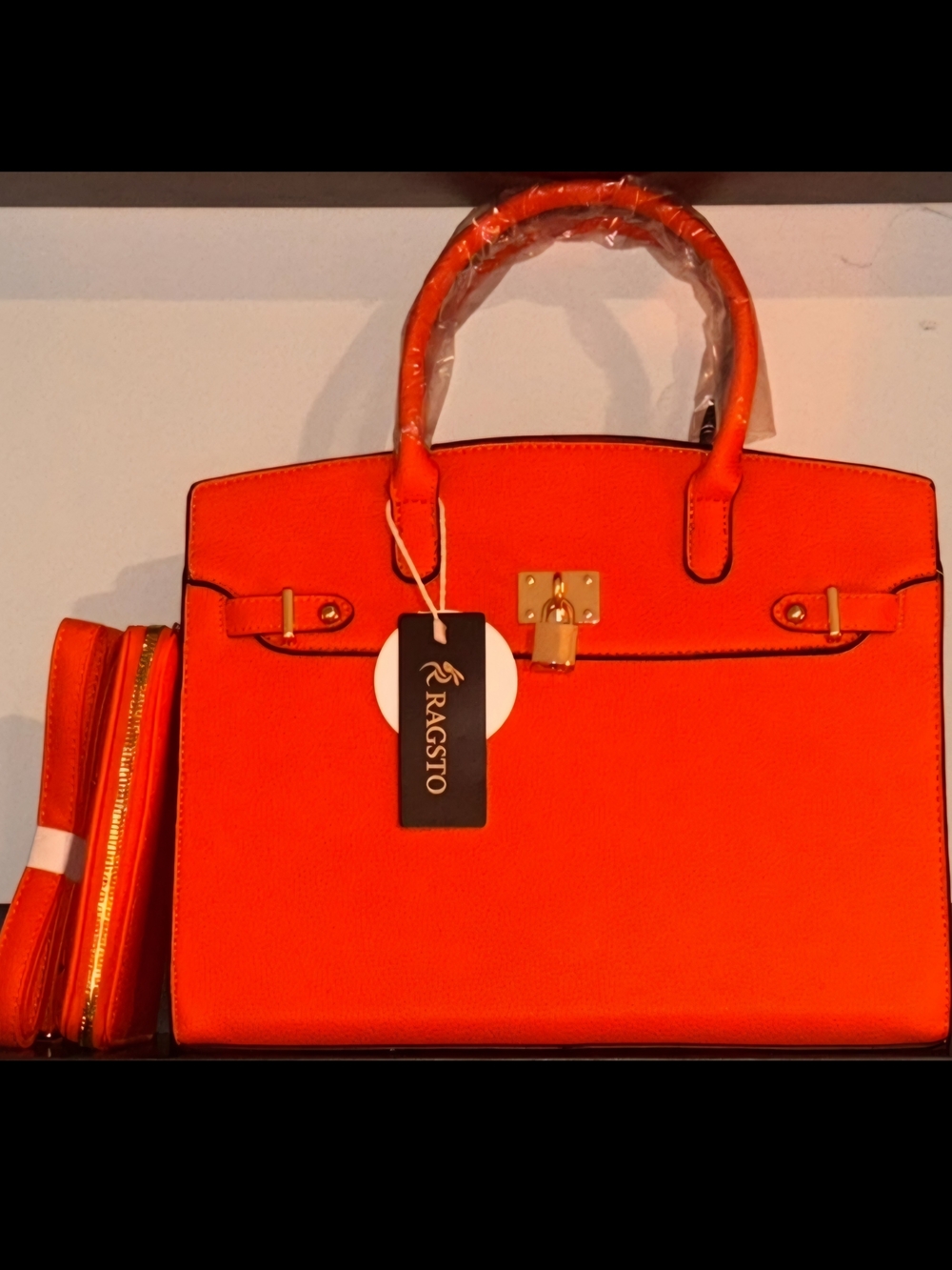 Brand New - Orange Luxury Tote Bag with Matching Wallet and Gold-toned Hardware